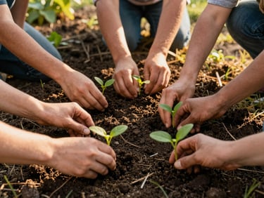 Medium shot of diverse hands planting seedlings in rich soil in a community garden, golden hour light, focus on connection.