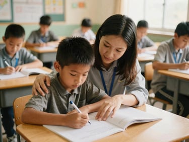 Candid shot of a volunteer helping a child with homework in a brightly lit classroom, warm natural light, focus on shared effort.