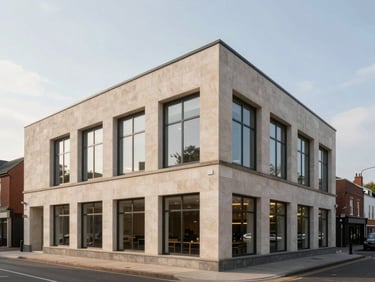 Finished commercial building exterior, clean geometric lines, large windows, integrated into a town setting, soft daylight.