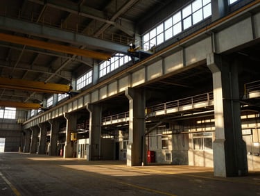 An industrial facility interior with exposed structural steel beams, overhead crane rails, and clean maintenance pathways, dramatic natural light coming from high windows, high-contrast textures, 35mm.