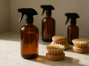 Sunlit close-up of aesthetic amber glass spray bottles and natural wooden scrubbing brushes arranged neatly on a pristine marble countertop, soft natural daylight.
