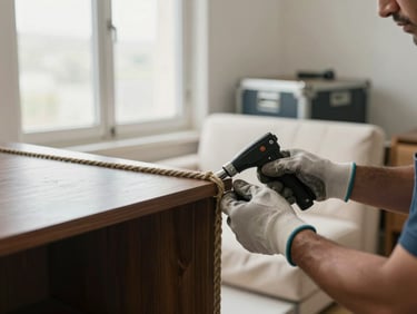 Close-up documentary shot, bright Kuwait morning window light, pair of technician hands in work gloves tightening a ratchet strap over a furniture blanket wrapped around a dark wood cabinet corner, rope tension visible, organized moving equipment in soft background focus