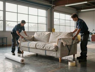 Wide shot, morning window light, two technicians in uniform wrapping a dismantled sofa frame with thick protective blankets and securing it with straps on a clean loading dock, packing tape and foam rolls visible nearby