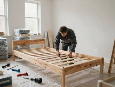 Environmental shot, bright indoor daylight, technician reassembling a wooden bed frame in an empty freshly painted room, tools laid neatly on a protective floor cover, organized wrapped items stacked along the wall