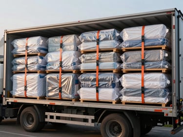 Wide environmental panoramic, outdoor morning daylight, organized truck cargo bay fully loaded — wrapped mattresses, blanket-covered furniture pieces stacked in rows, orange and black ratchet straps securing every layer, metal loading ramp extended to ground, no people, emphasis on methodical organization and professional packing materials