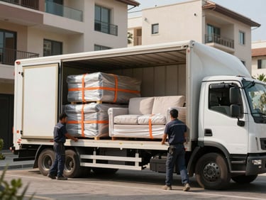 Wide environmental shot from ground level, morning daylight, a large white moving truck parked at a Kuwait residential building entrance, cargo doors open wide revealing neatly stacked wrapped furniture secured with orange ratchet straps, two technicians in uniform actively loading a blanket-wrapped sofa — no faces visible, focus on organized cargo and professional equipment
