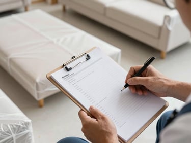 Close-up overhead shot, bright natural daylight, technician's hands holding a clipboard with a written itemized checklist beside wrapped furniture pieces laid on a clean floor, professional packing materials visible at the edges