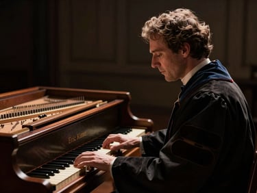 Dramatic side-lit portrait of Dr. Eric Kinsley seated at a historical harpsichord, deep shadows, warm incandescent highlight on the polished wood, shallow depth of field, 35mm.