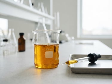 A glass beaker filled with raw botanical oils next to a precise laboratory pipette, bright diffused daylight, minimalist laboratory setting