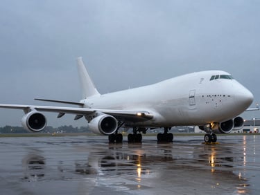 Wide-angle dramatic shot of a massive cargo plane on a wet tarmac at dusk, sharp industrial lighting reflecting on the ground, overcast sky.