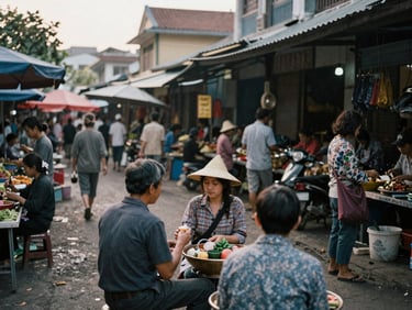 Candid shot of a bustling village market in Vietnam in the afternoon, natural ambient light, muted realistic tones, high contrast, 35mm film grain, quiet candid composition, focus on human interactions.