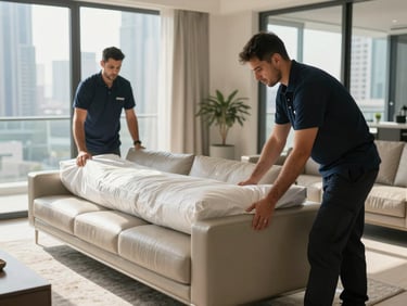 Uniformed professional movers in clean navy polo shirts carefully wrapping a designer Italian leather sofa with thick protective layers inside a sunlit Al Barsha penthouse.