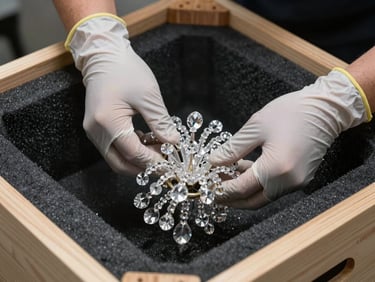 Close-up macro shot of hands in protective gloves securing a delicate crystal chandelier inside a custom-built timber crate lined with foam.