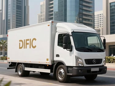 A spotless, modern white moving truck with golden branding parked outside a sleek commercial skyscraper in DIFC Dubai, sharp architectural shadows, bright daylight.