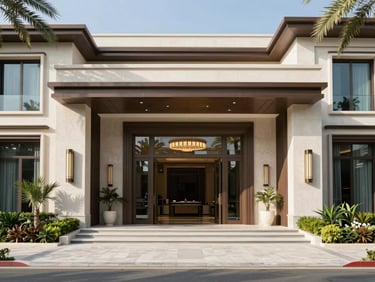 Modern luxury villa entrance in Palm Jumeirah, elegant landscaping, clean lines, bright daylight.
