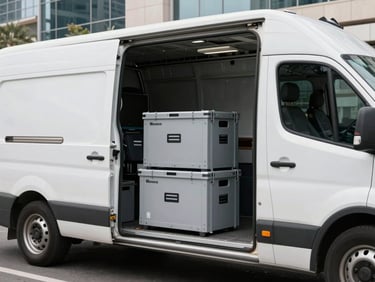 Movers systematically loading secure, labeled crates containing office technology onto a clean, modern transport vehicle in Downtown Dubai.