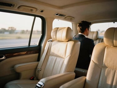 A clean, luxury chauffeured interior of a private sedan, soft sunlight filtering through the window, pristine leather seats, professional driver visible in soft focus, warm editorial travel photography.