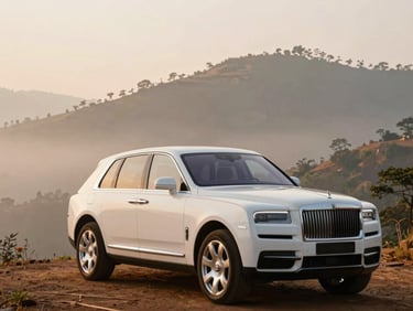 A premium luxury SUV, pristine condition, parked near a scenic overlook in the hills of India, soft morning mist, high-end travel feel.