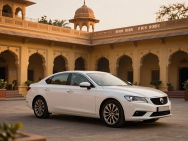 A clean, modern white executive sedan parked in front of a heritage hotel courtyard in Jaipur, warm golden hour light, cinematic framing.