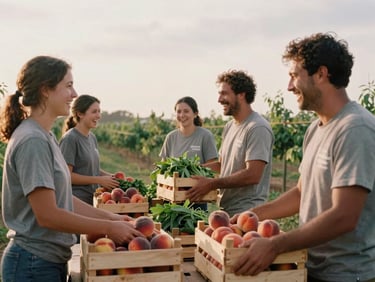 Warm, authentic photo of volunteers laughing while packing wooden crates with fresh Georgia peaches and greens under soft overcast daylight, 35mm film look.