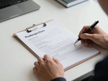 Close-up of a professional reviewing a printed candidate dossier at a clean office desk, neutral studio light, documents and pen visible, no faces
