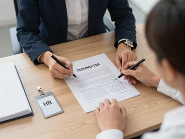 Overhead view of an onboarding session, a new employee and an HR coordinator reviewing a printed contract on a conference table, ID badge and onboarding folder visible, neutral daylight