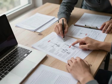 Overhead view of a meeting table with operational planning documents, laptops open, hands pointing at printed process charts, neutral daylight from side window