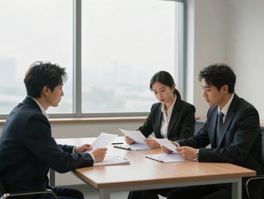 Wide shot of a structured interview room, two professionals seated across a table reviewing documents, large window with diffused natural light, minimal decor