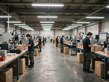 Wide shot of a warehouse floor with workers in motion at packing stations, overhead fluorescent light, operational environment, no posed subjects