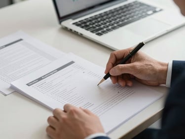 Close-up of a recruiter's hands reviewing a printed candidate profile on a desk, annotated pages and a laptop screen visible in the background, neutral studio daylight
