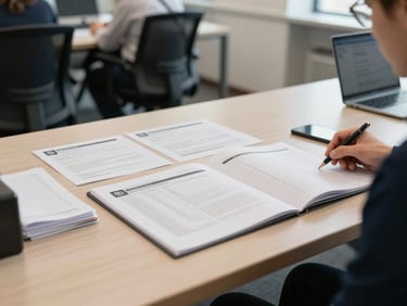 Wide shot of a modern office onboarding session, a person at a desk with an open folder and ID badge materials laid out, neutral daylight, documentary framing, focus on materials not faces
