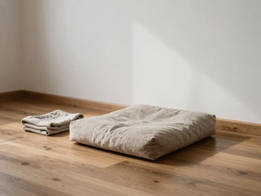 Wide shot of a meditation cushion on bare wood floor beside a white wall, soft north-facing daylight, a folded linen cloth to one side, empty space dominating the frame