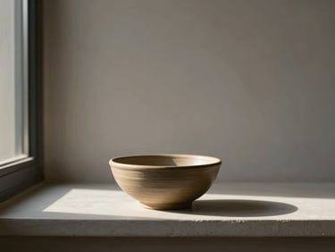 Single clay bowl on a windowsill, dawn light entering from the left, bare wall behind, generous negative space above and to the right