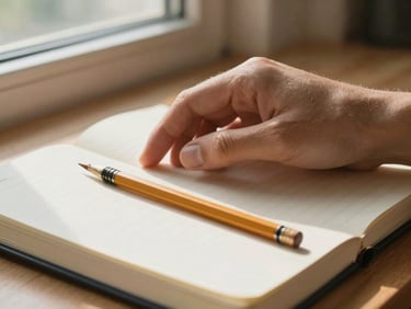 Close-up of a hand resting on an open journal, pencil beside it, morning light from a nearby window, wooden surface visible at edges