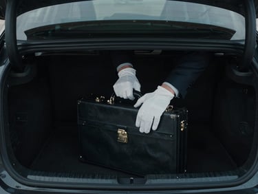 Close-up of a professional driver's gloved hands securing a discreet, locked briefcase in the trunk of a black executive sedan, low-key lighting, cool desaturated tones.