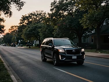 Wide cinematic shot of a black executive SUV driving on a tree-lined street in Washington, DC, during golden hour, long shadows, cool desaturated tones.
