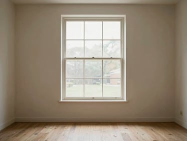 Straight-on architectural elevation of a minimalist living room, soft natural window light, muted oak and limestone textures, shallow depth of field, 35mm