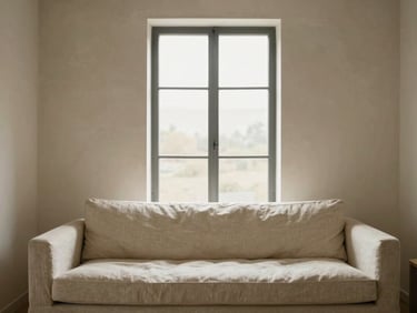 Straight-on architectural elevation of a quiet, minimalist interior room with a low-profile linen sofa, raw plaster walls, and a large window, warm natural light, 35mm