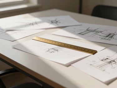 Wide shot of a modern design studio desk with clean sketches, a brass ruler, and natural light casting soft shadows, 35mm