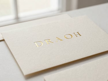 Clean minimalist brand identity collateral on textured cream paper, elegant typography, blind debossing, gold accent foil, soft natural light, 35mm