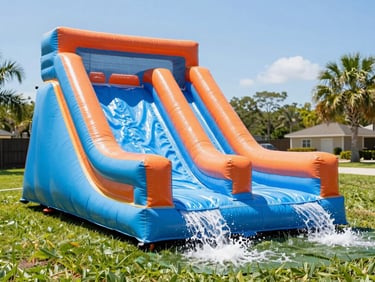 Vibrant commercial-grade giant blue and orange inflatable water slide standing on a lush green Florida lawn, bright midday sun, water splashing at the bottom