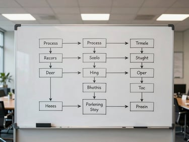 Wide environmental shot of a whiteboard covered in a clean process flow diagram with connecting arrows and labeled boxes, organized meeting room background with visible order, indirect daylight, no people, architectural framing