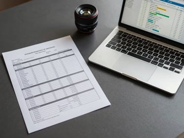 Overhead flat-lay of a financial model spreadsheet printed on paper alongside a laptop screen displaying a cash flow dashboard, organized on a tidy dark grey desk under indirect daylight, no people, systems visible