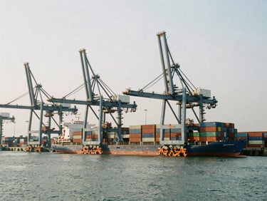 Wide-angle environmental shot of Chittagong container terminal under overcast morning light, steel crane structures framing cargo vessels, cool steel tones, 35mm film grain.