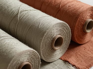 Close-up of raw linen fabric rolls in earthy sage and clay terracotta tones, diffused studio lighting