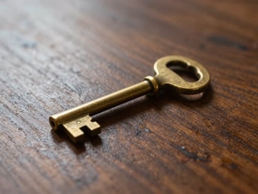 Intimate close-up of a heavy brass key resting on a dark polished oak table, soft focus on the warm wood grain, natural side lighting.