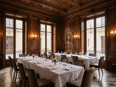 Elegant dining room in Salamanca district, featuring high ceilings, original wood paneling on walls, and warm light filtering through tall glass doors.