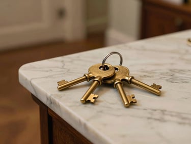 Close-up of heavy brass keys on a physical keychain resting on a polished marble console table in a warm hallway.