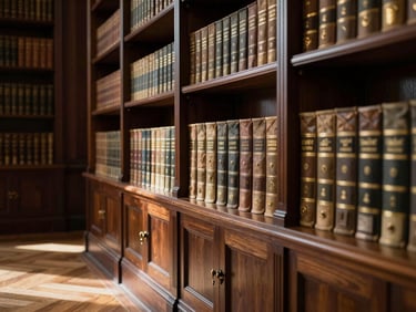 Close-up of a beautifully restored library room with dark oak shelves, brass fittings, and sunlit herringbone parquet flooring in Retiro.