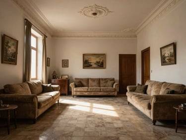 Straight-on view of a classic Chamberí living room with original hydraulic tile flooring, high ceilings with delicate plaster moldings, sunlit by warm afternoon light.